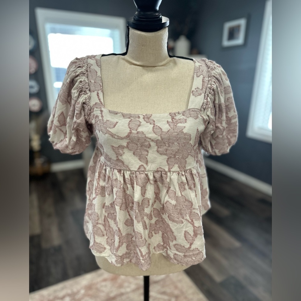 Maeve Anthropologie Square Neck Batia Textured Babydoll Puff Sleeve Top Size XS